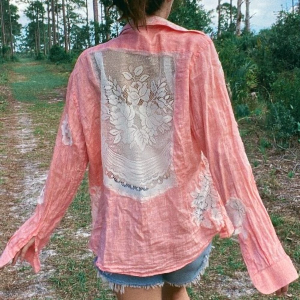 Vintage Orange Linen Floral Lace Button Down Blouse - Picture 10 of 11